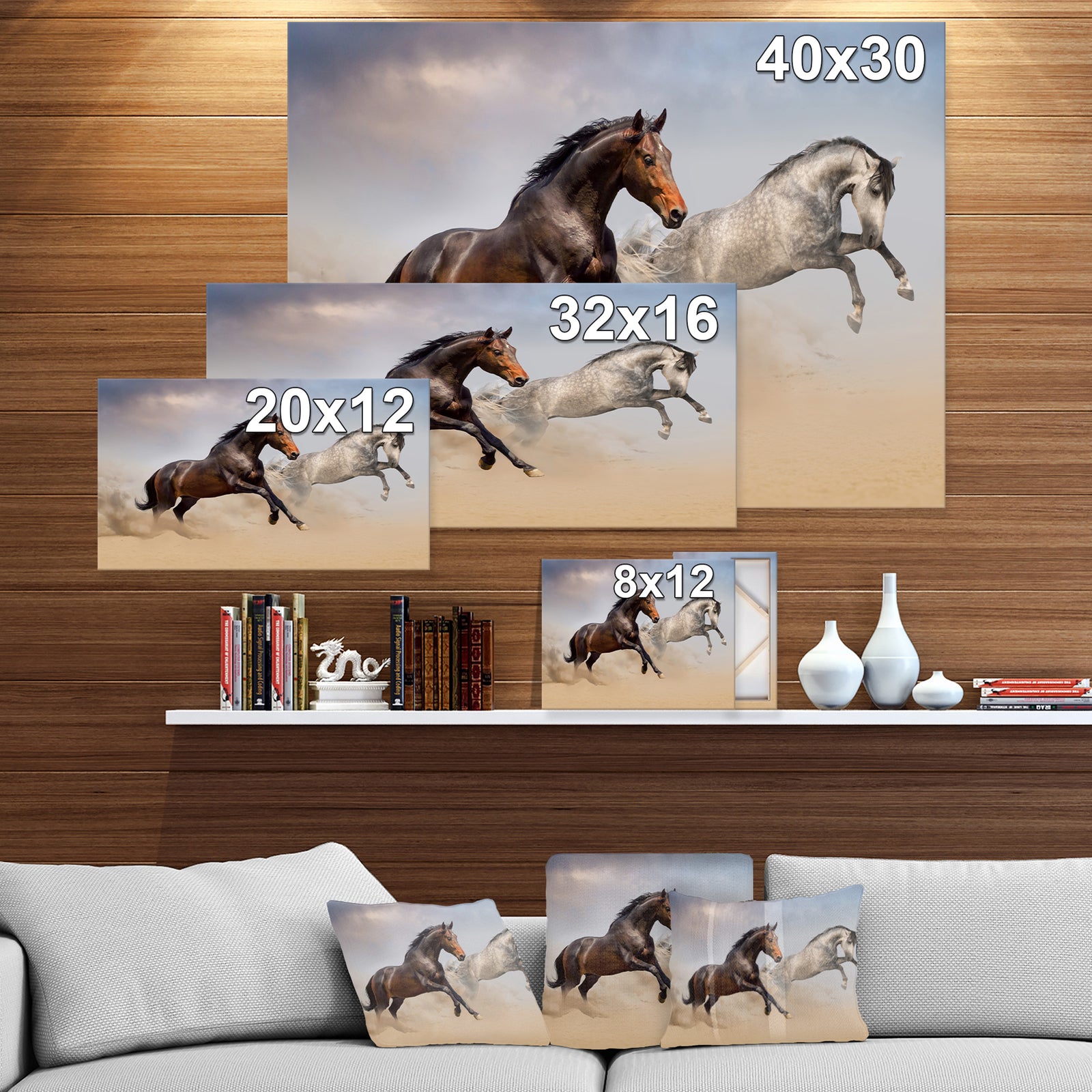 Two Horse Run in Desert at Cloudy Sky - Animals photographyPrint on Wrapped Canvas