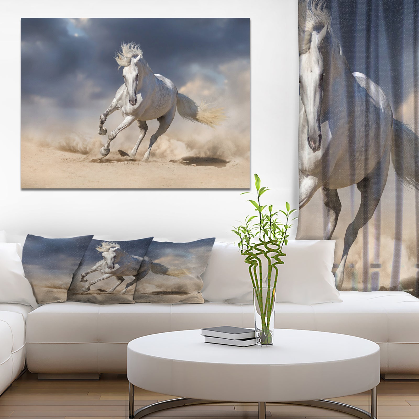 White andalusian horse in desert dust - Animals photographyPrint on Wrapped Canvas