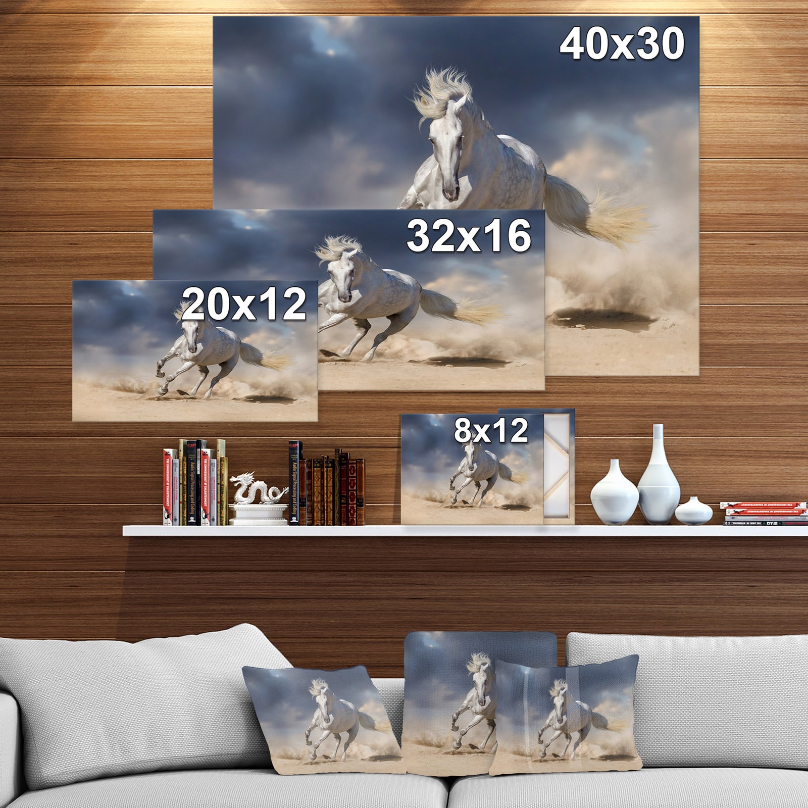 White andalusian horse in desert dust - Animals photographyPrint on Wrapped Canvas