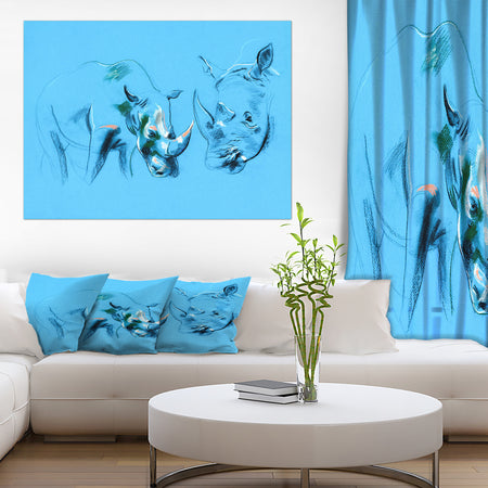 Rhinoceros painting in Blue Background - Animals Sketch Painting Print on Wrapped Canvas