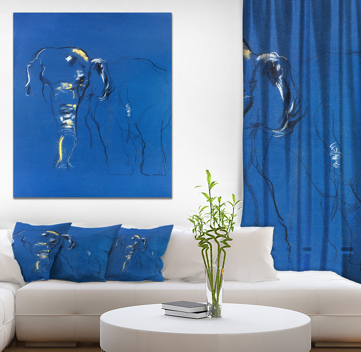 Elephant sketch in Blue background - Animals Sketch Painting Print on Wrapped Canvas