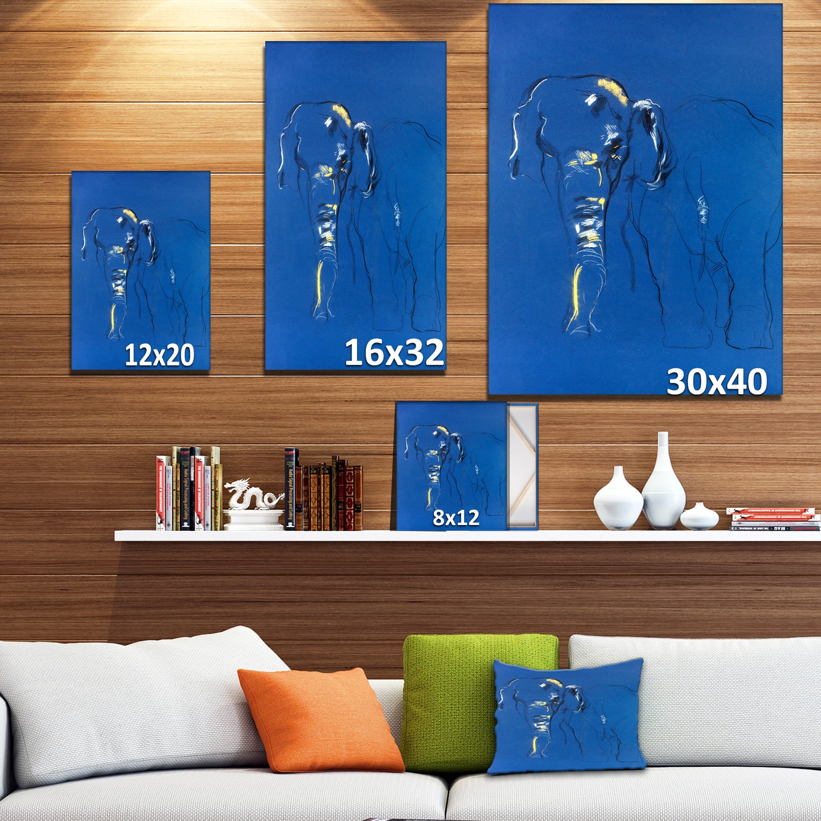 Elephant sketch in Blue background - Animals Sketch Painting Print on Wrapped Canvas