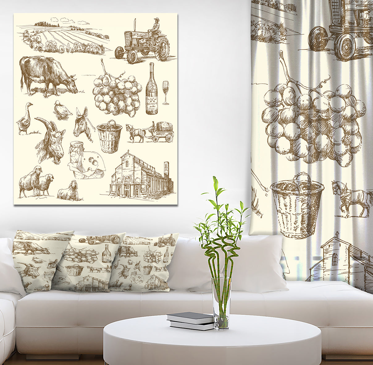 Farm collection - Sketch of Farmhouse Animals of Painting Print on Wrapped Canvas