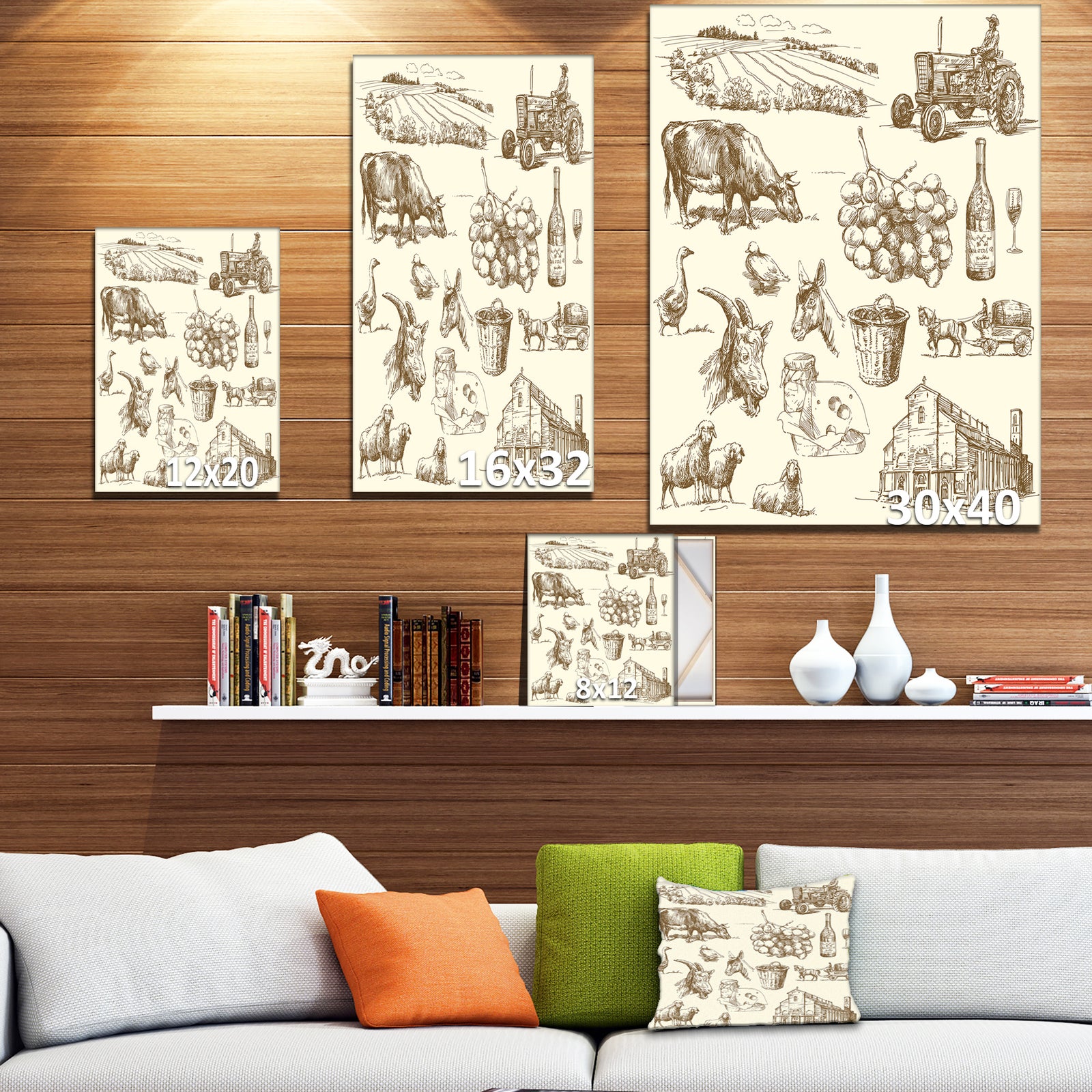 Farm collection - Sketch of Farmhouse Animals of Painting Print on Wrapped Canvas