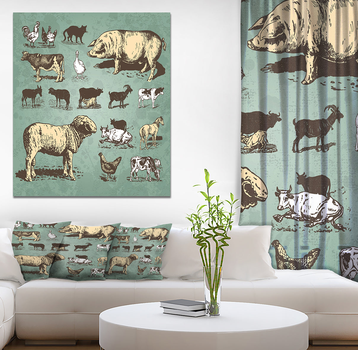 Farm animals vintage set - Sketch of Farmhouse Animals of Painting Print on Wrapped Canvas