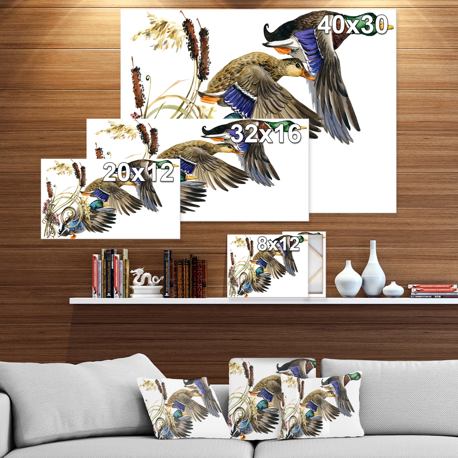 Three Flying Ducks in Colored illustration - Farmhouse Animal Painting Print on Wrapped Canvas