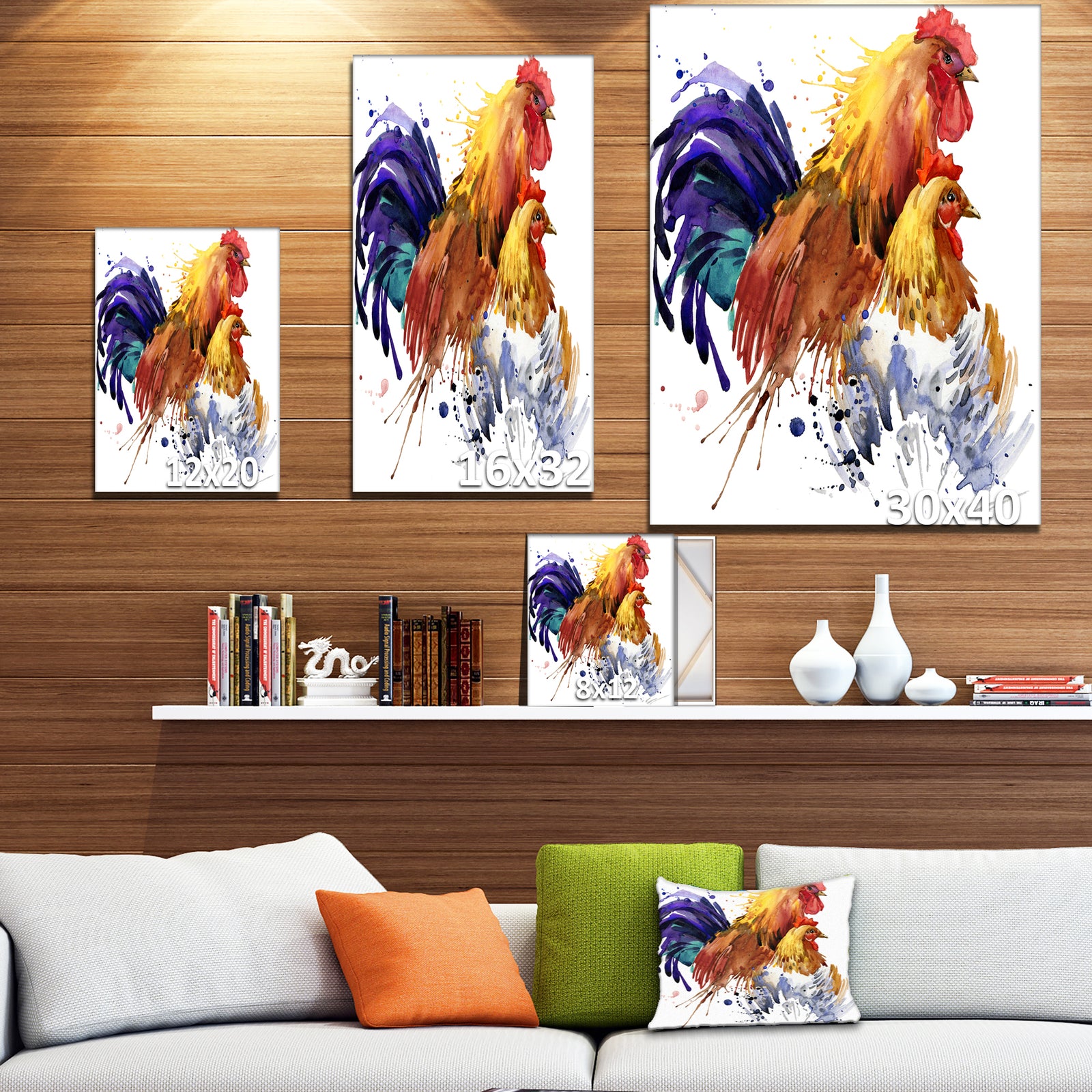 Chicken and Rooster Family - Illustration of Farmhouse Animals of Painting Print on Wrapped Canvas