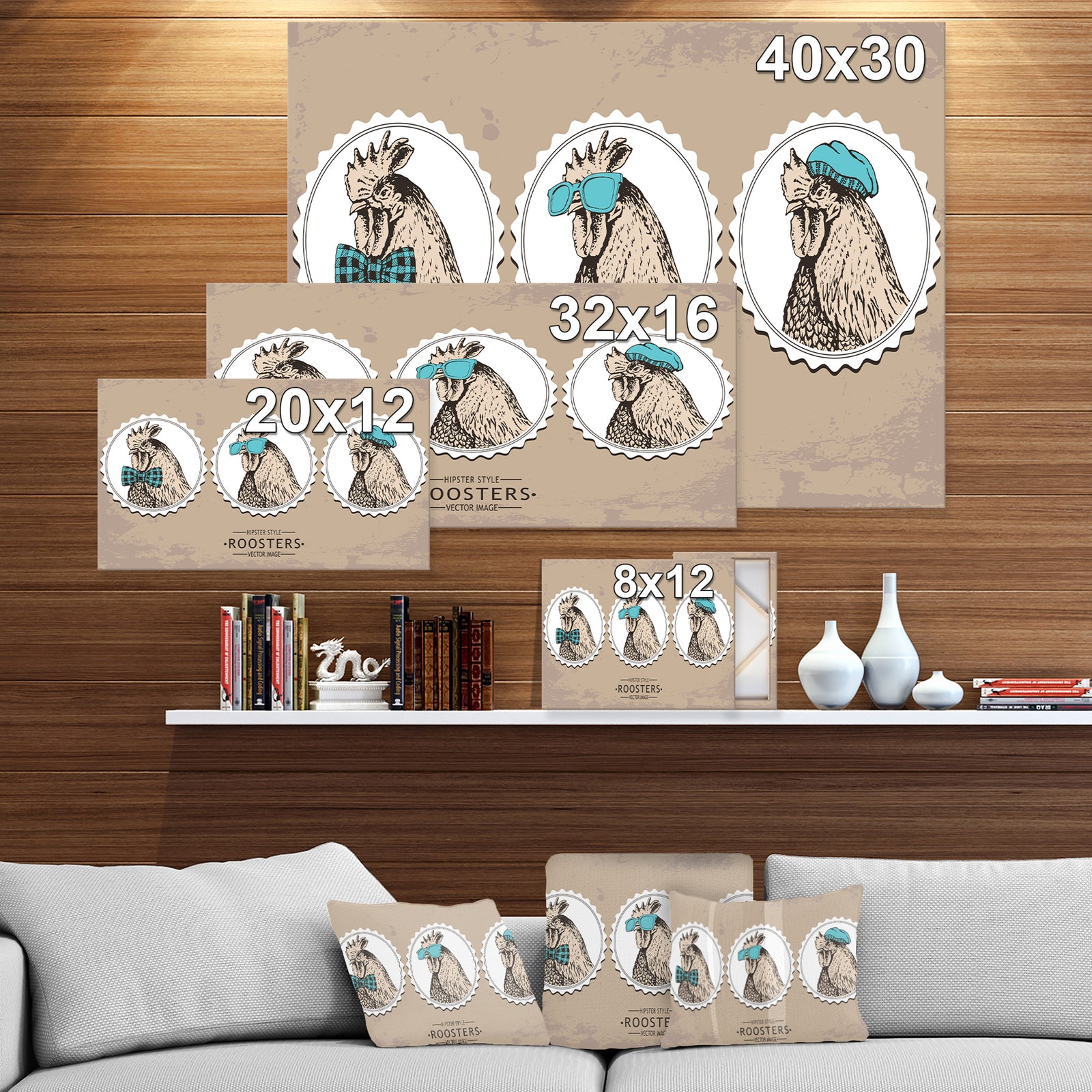 Handdrawn vintage rooster hipster style - Illustration of Farmhouse Animals of Painting Print on Wrapped Canvas