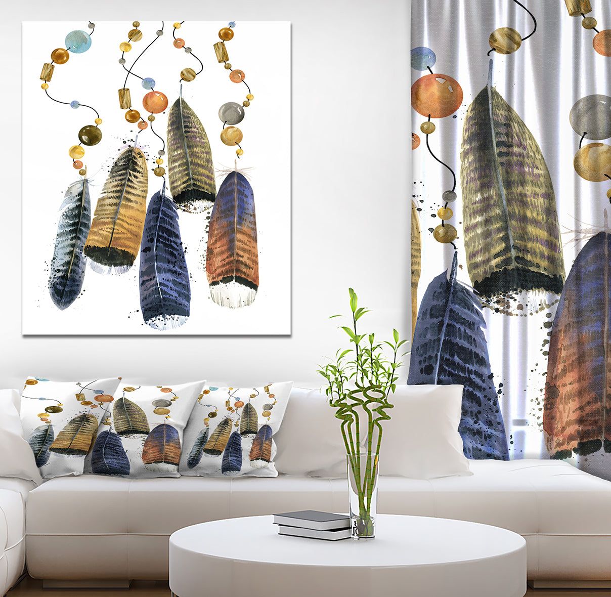 Watercolor feathers set. - Animals Painting Print on Wrapped Canvas