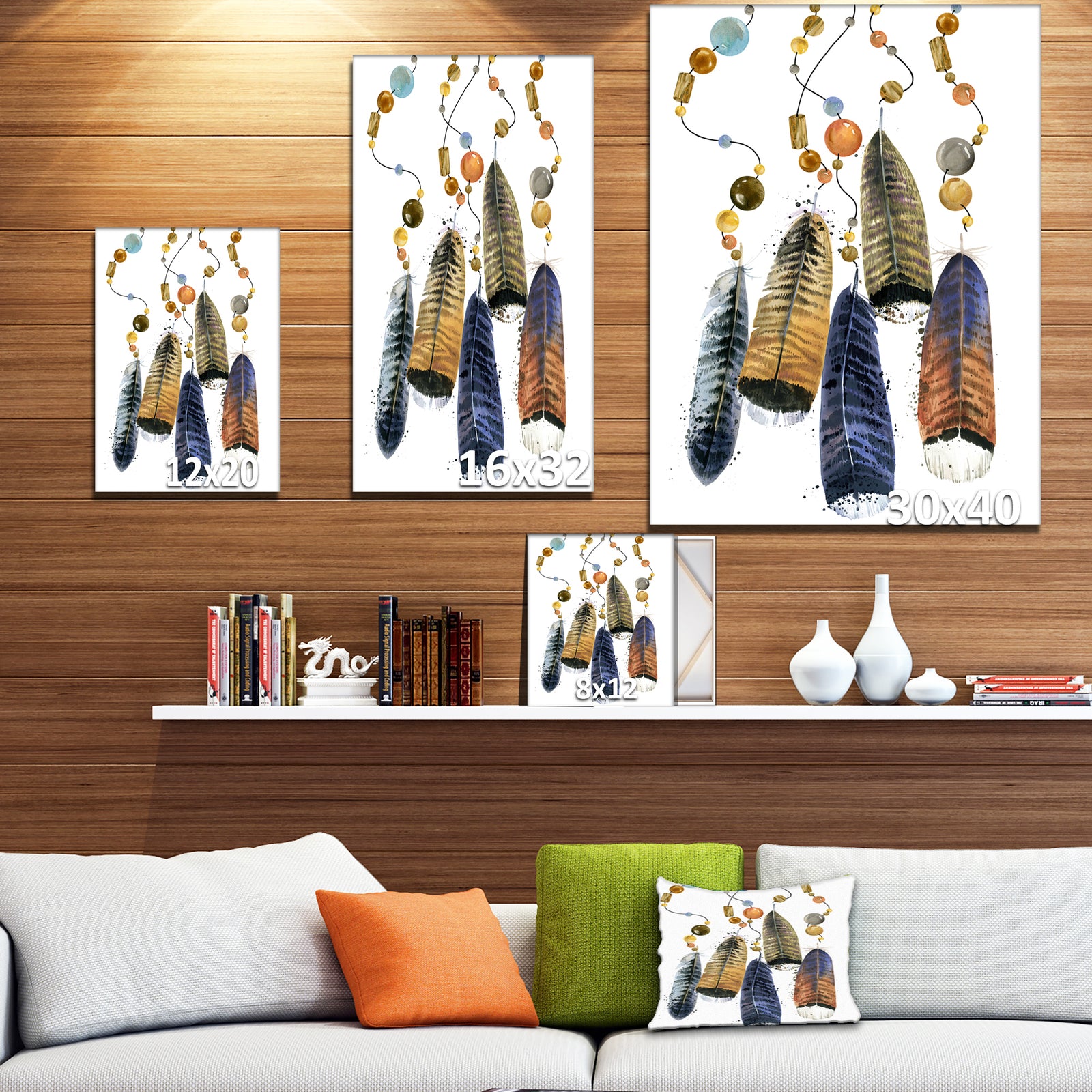 Watercolor feathers set. - Animals Painting Print on Wrapped Canvas
