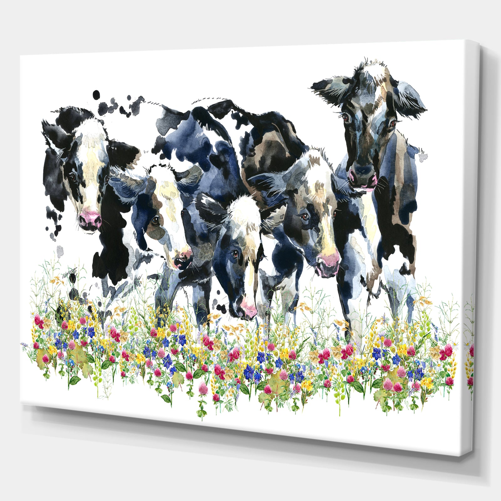 Dairy cow on the field watercolor illustration. - Farmhouse Animal Painting Print on Wrapped Canvas
