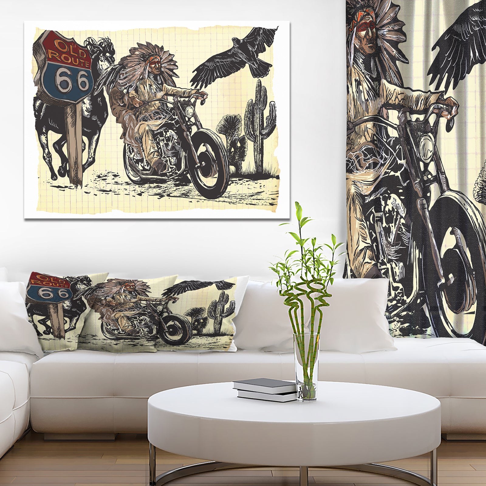 Native American in Motorcycle - Sketch of Indian Animals Painting Print on Wrapped Canvas