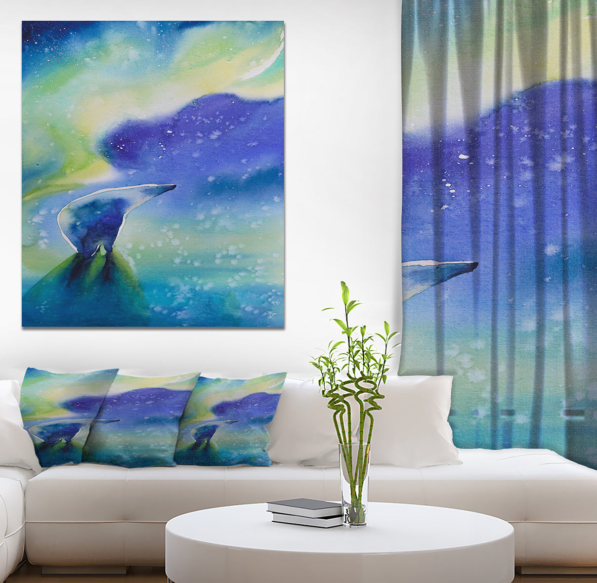 Polar bear with aurora Borealis - Animals kids Painting Print on Wrapped Canvas