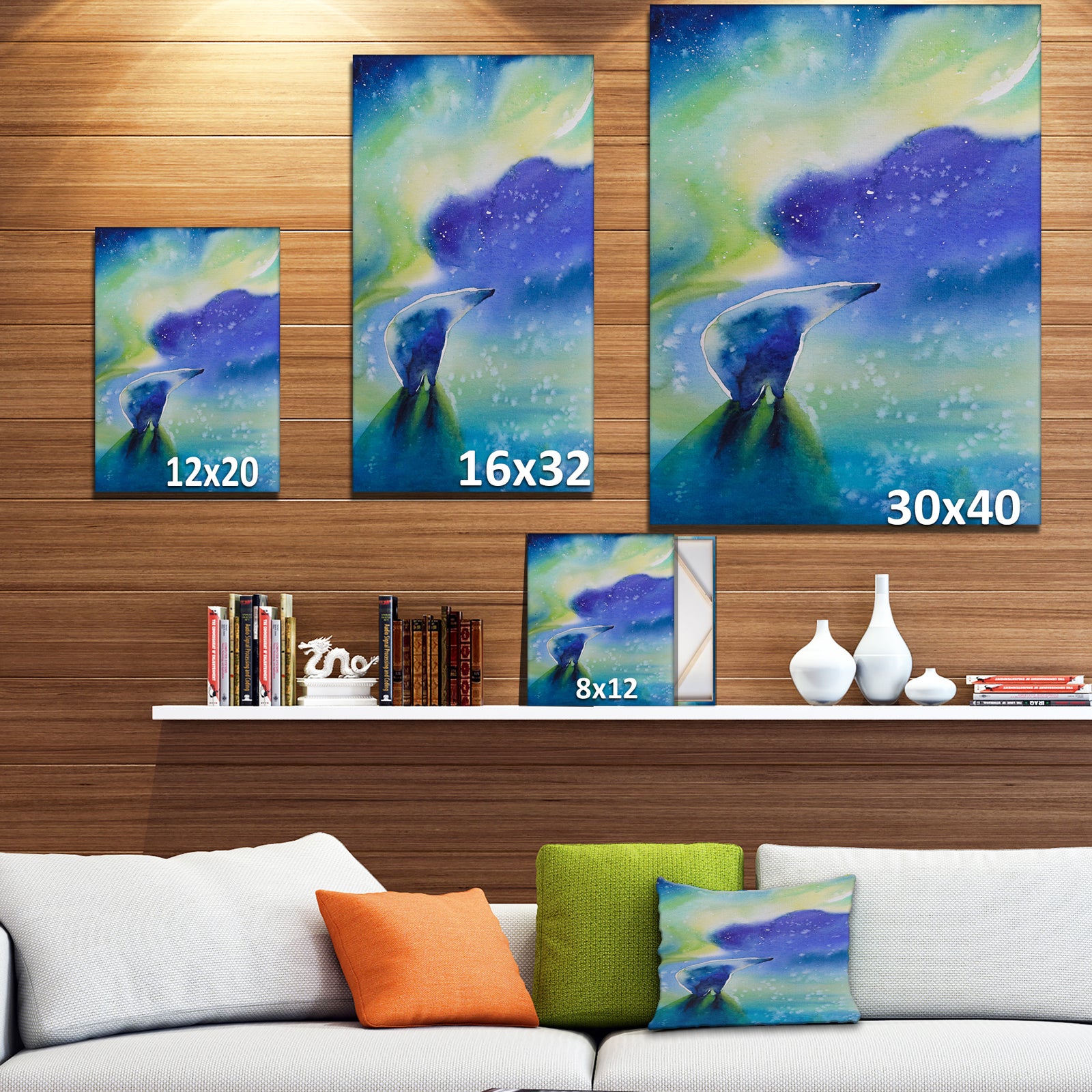 Polar bear with aurora Borealis - Animals kids Painting Print on Wrapped Canvas