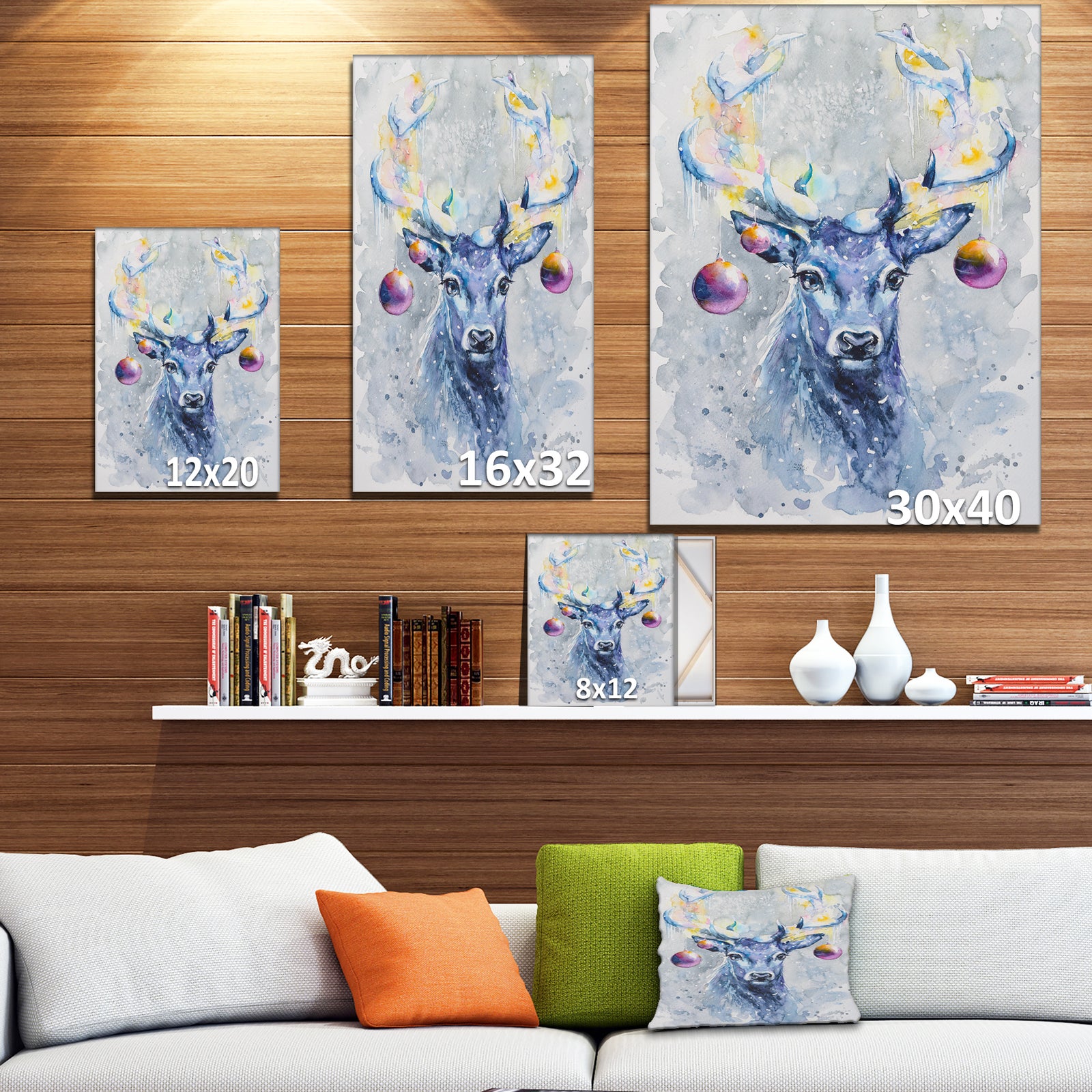 Cute Deer with Bells - Animals kids Painting Print on Wrapped Canvas