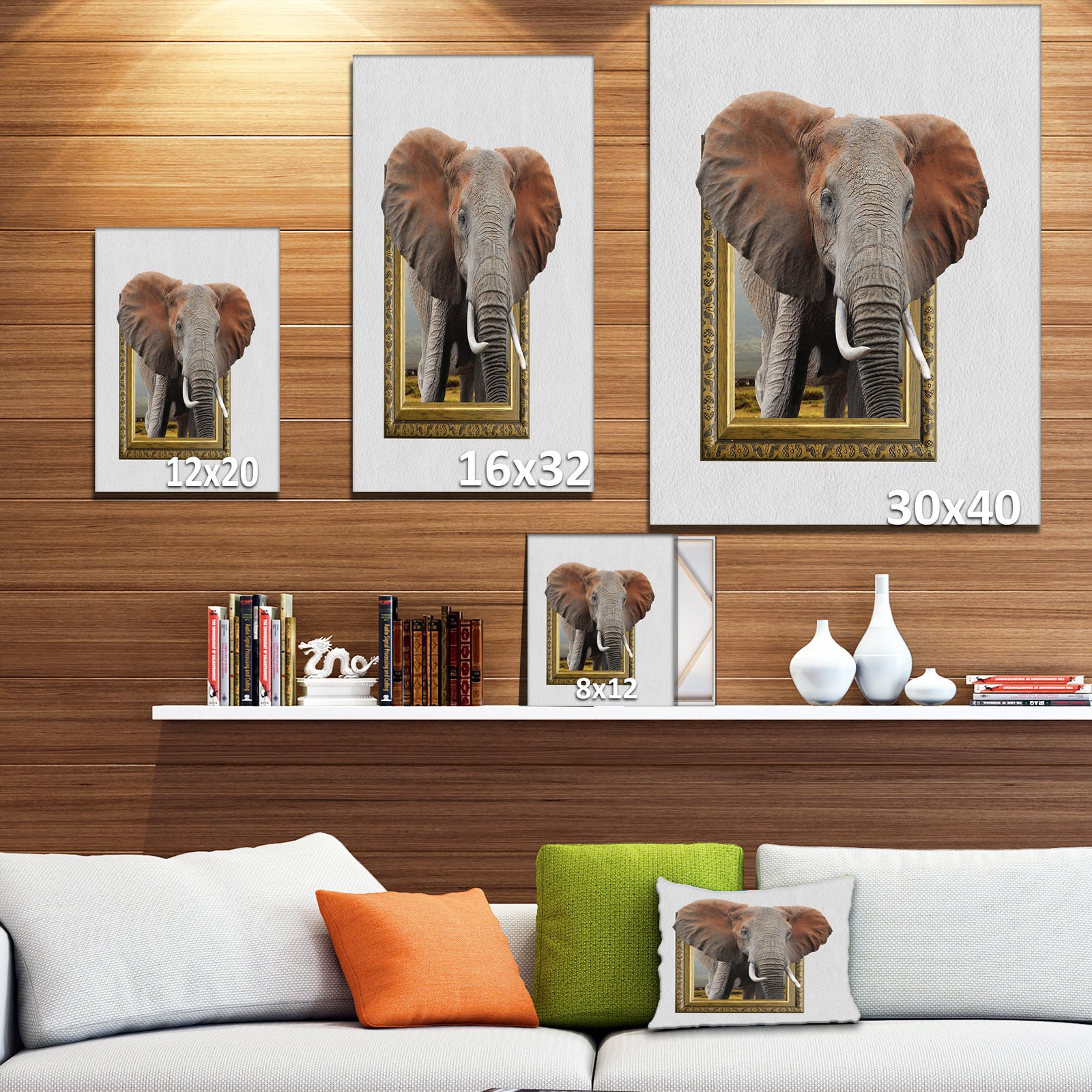 Elephant in Wooden Frame - Africa Animals photography on Wrapped Canvas