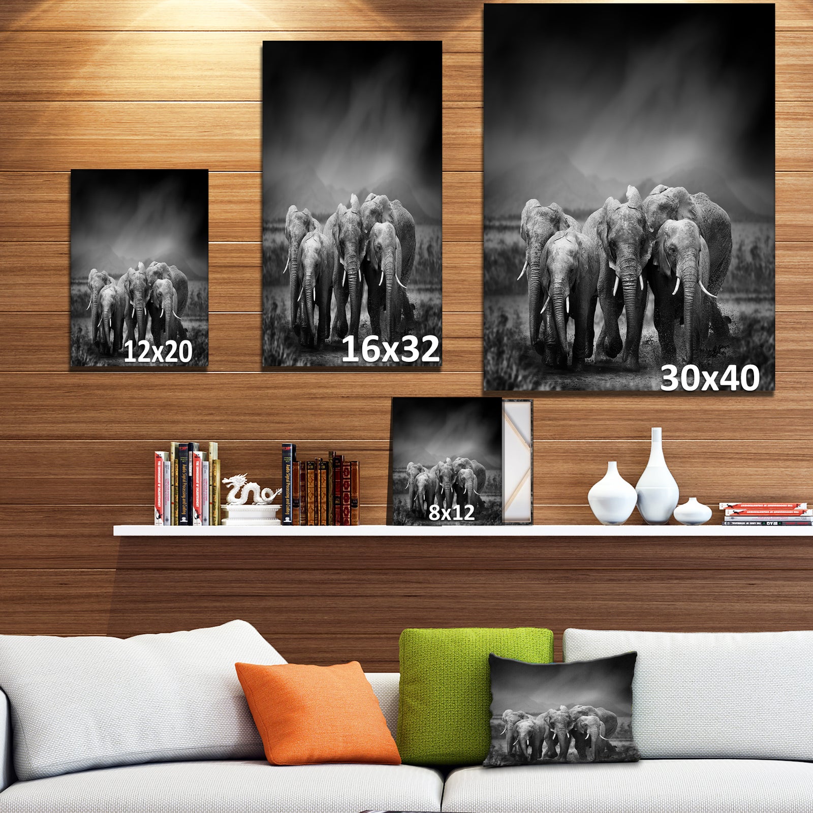 Group of Elephant in Black Background - Africa Animals photography on Wrapped Canvas