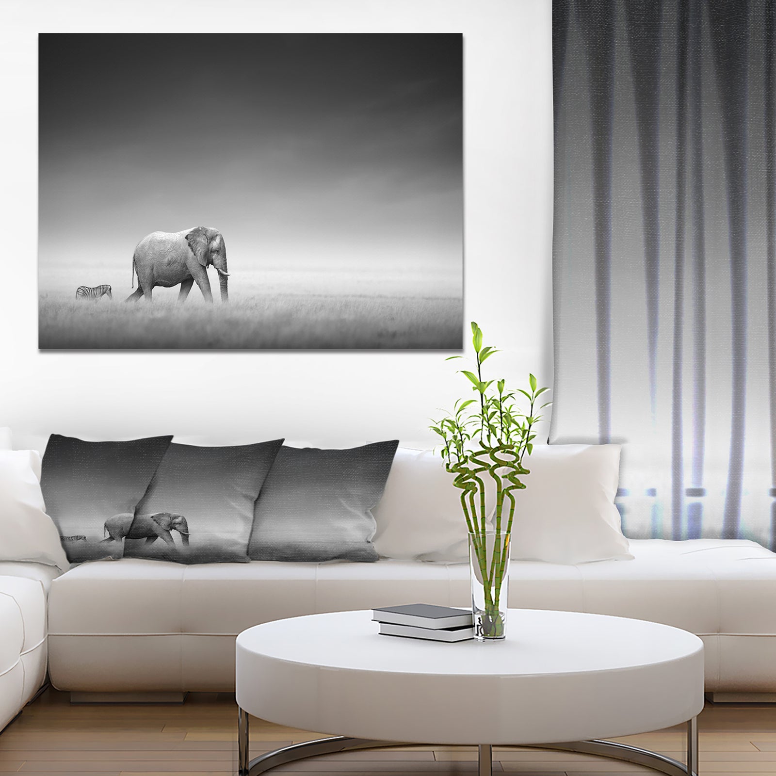 Elephant with Small Zebra - Africa Animals Photography on Wrapped Canvas