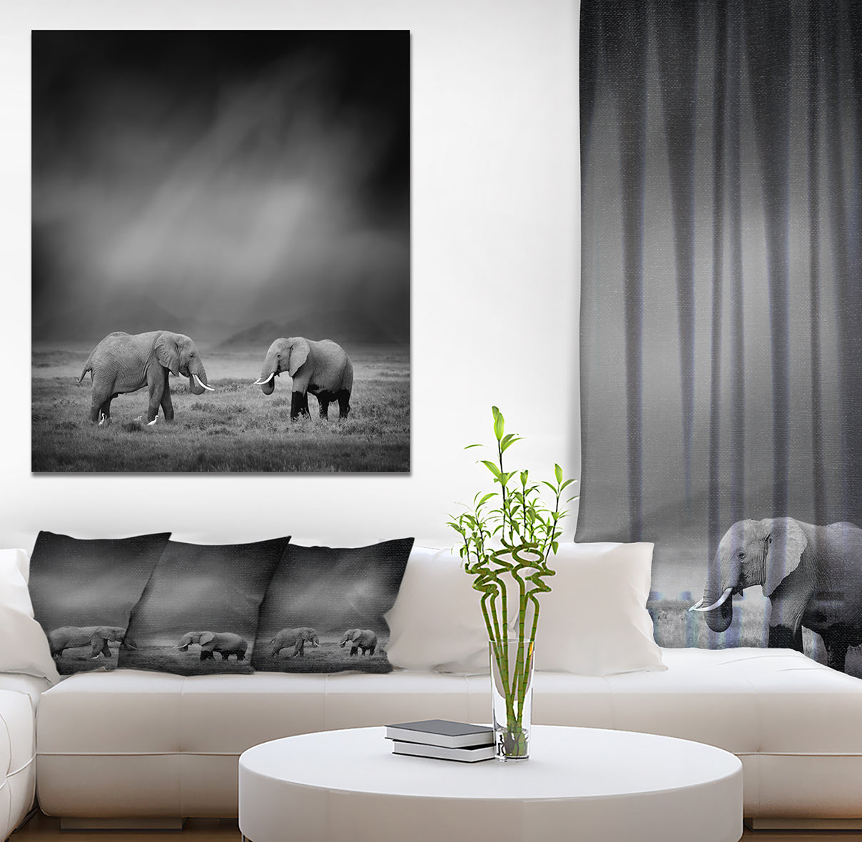 Two African Elephant in Dark Background - Africa Animals Photography on Wrapped Canvas