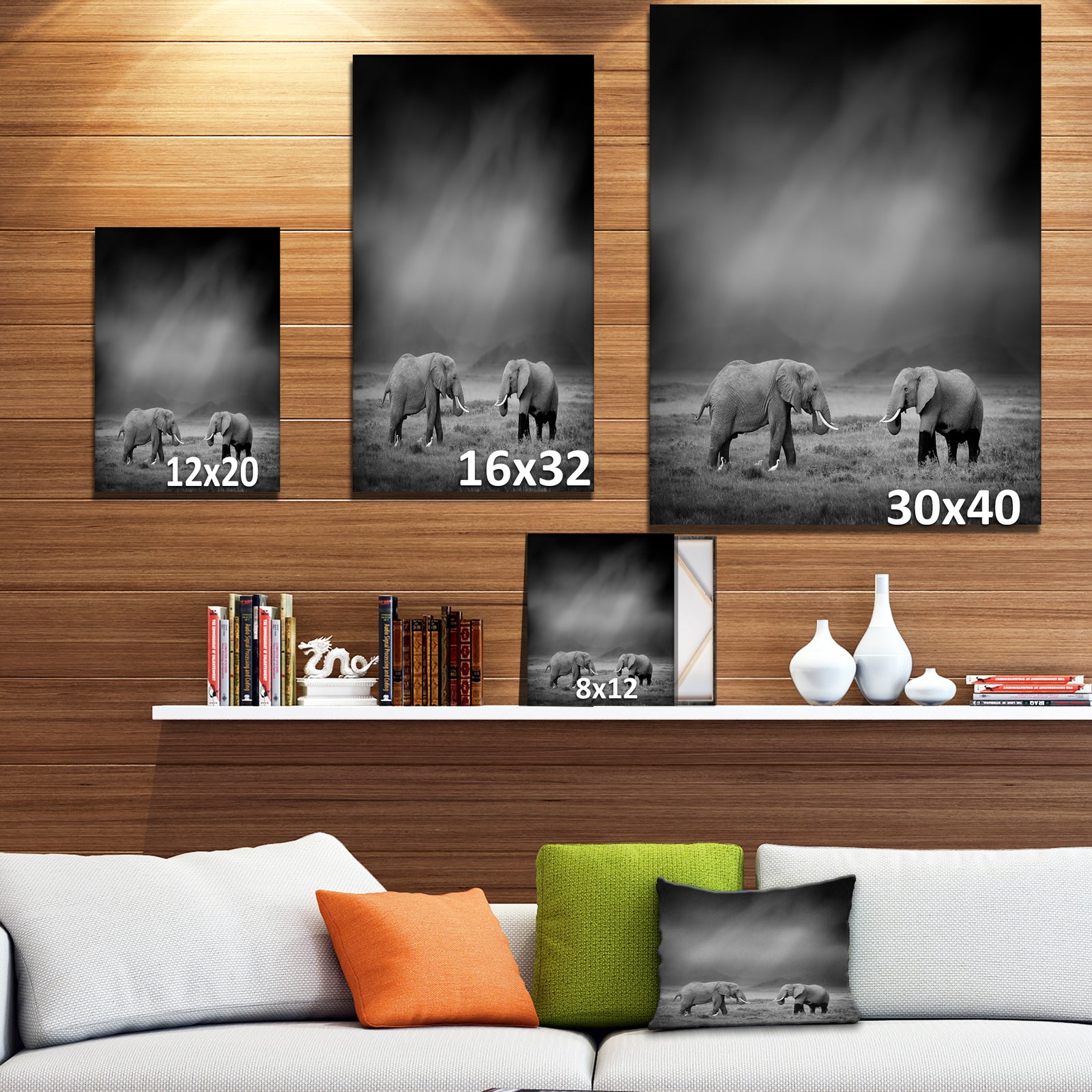 Two African Elephant in Dark Background - Africa Animals Photography on Wrapped Canvas