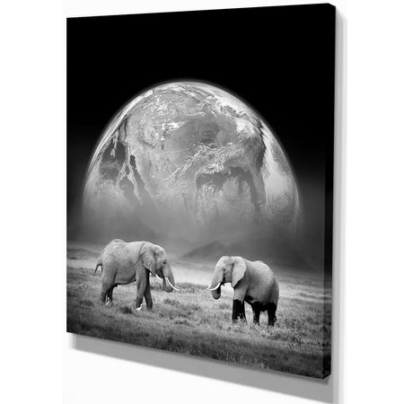 Two Elephants with Earth Background - Africa Animals Photography on Wrapped Canvas