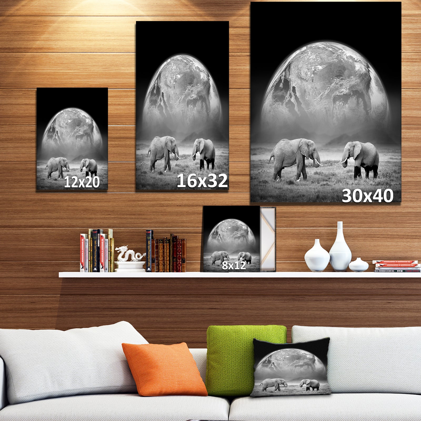 Two Elephants with Earth Background - Africa Animals Photography on Wrapped Canvas