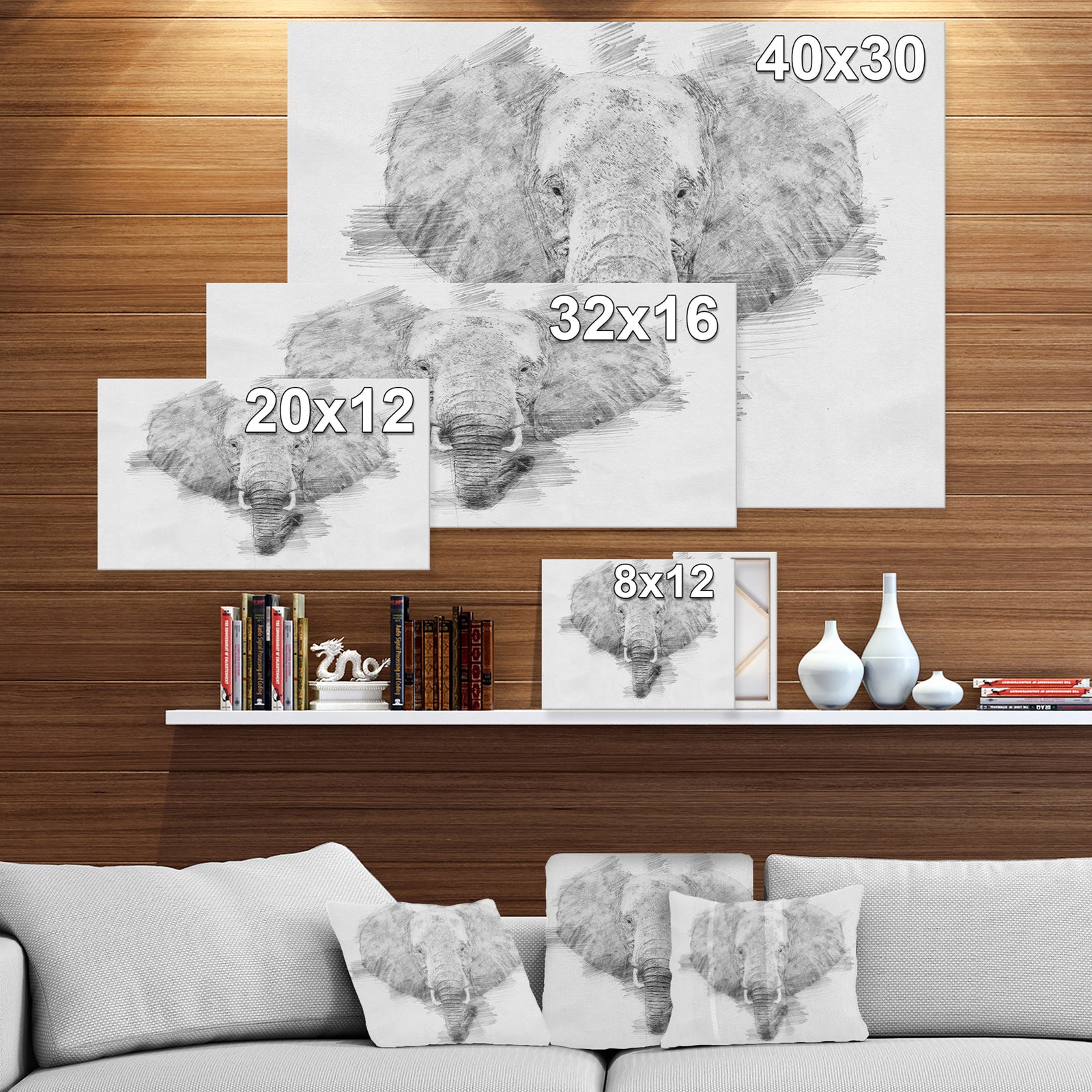 Elephant in Pencil Sketch - Sketch Animals Painting Print on Wrapped Canvas