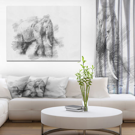 Elephant in Black And White Pencil Sketch - Sketch Animals Painting Print on Wrapped Canvas