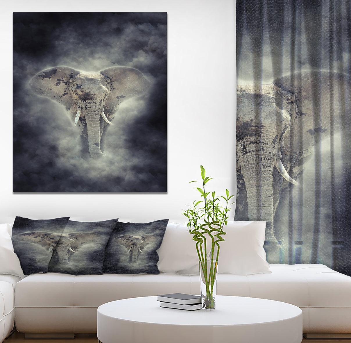 Elephant in smoke - Animals Photography on Wrapped Canvas