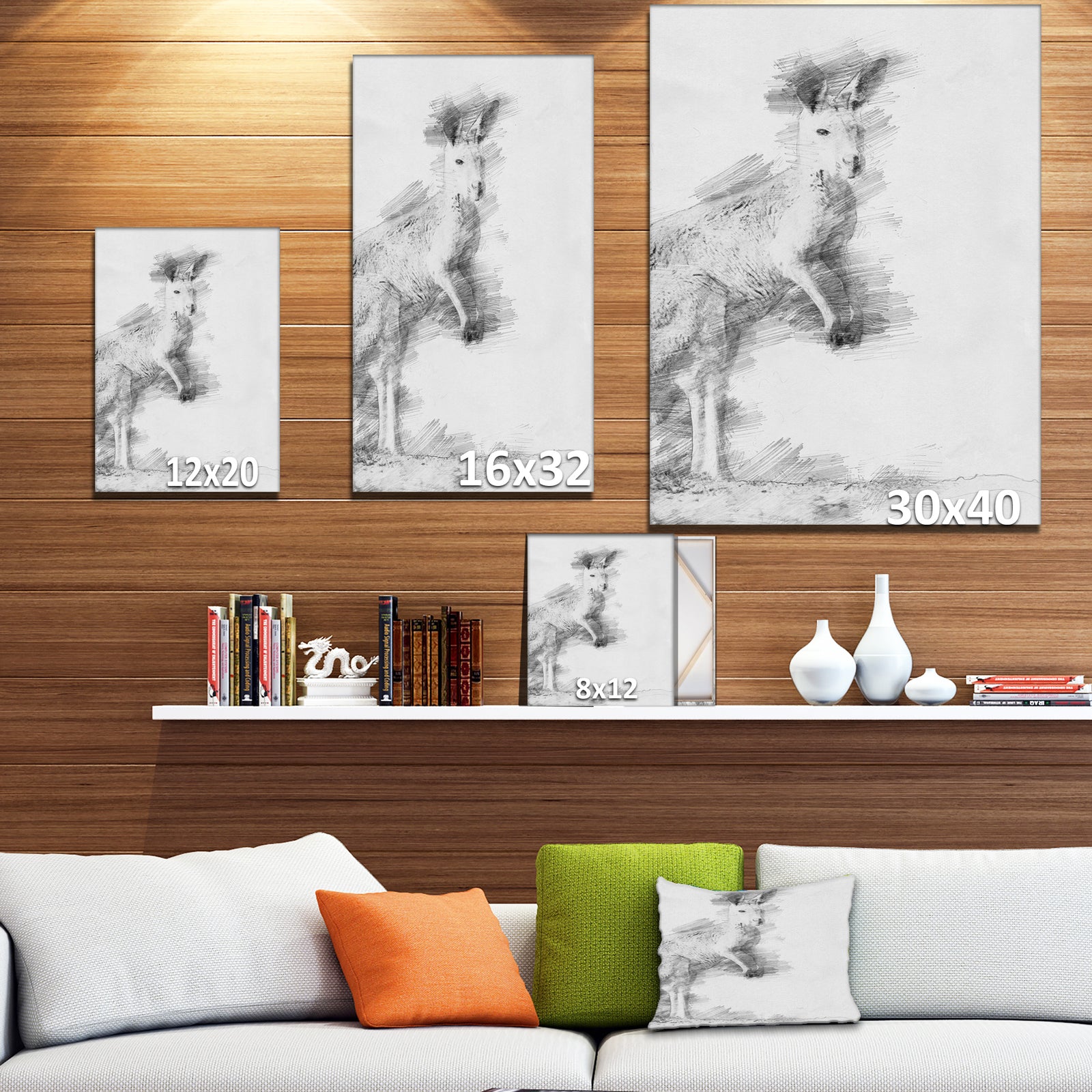 Black and White Kangaroo Sketch - Animals Painting Print on Wrapped Canvas