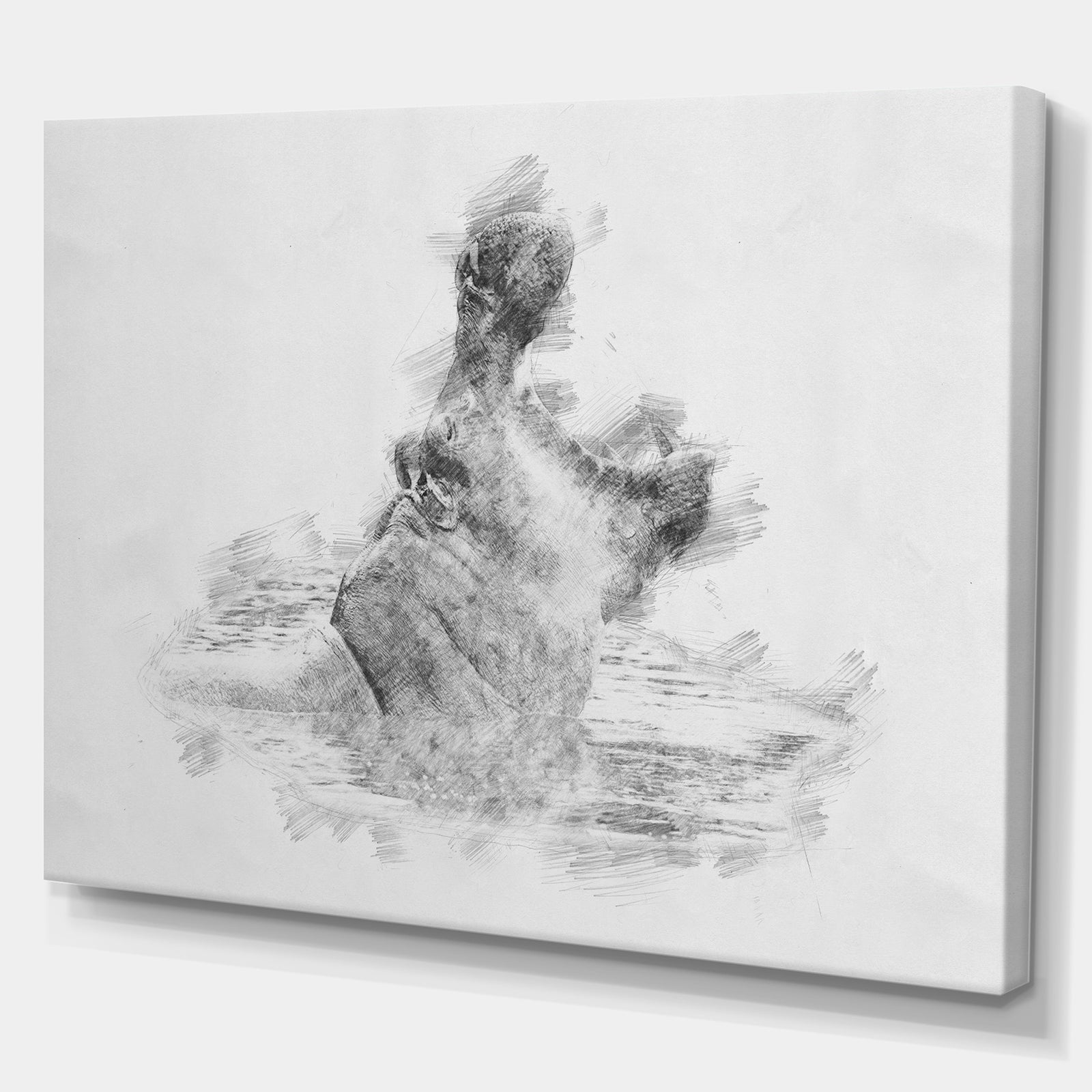Black and White Hippo Sketch - Animals Painting Print on Wrapped Canvas