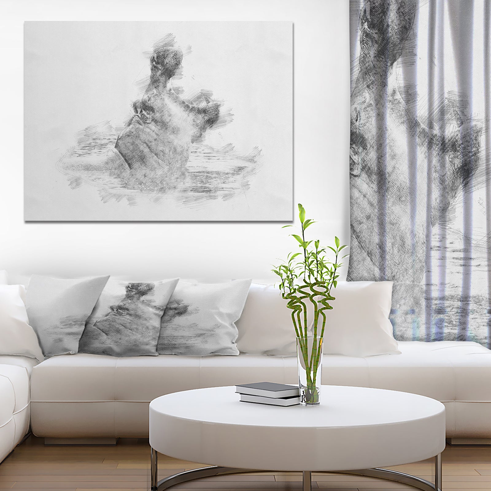 Black and White Hippo Sketch - Animals Painting Print on Wrapped Canvas