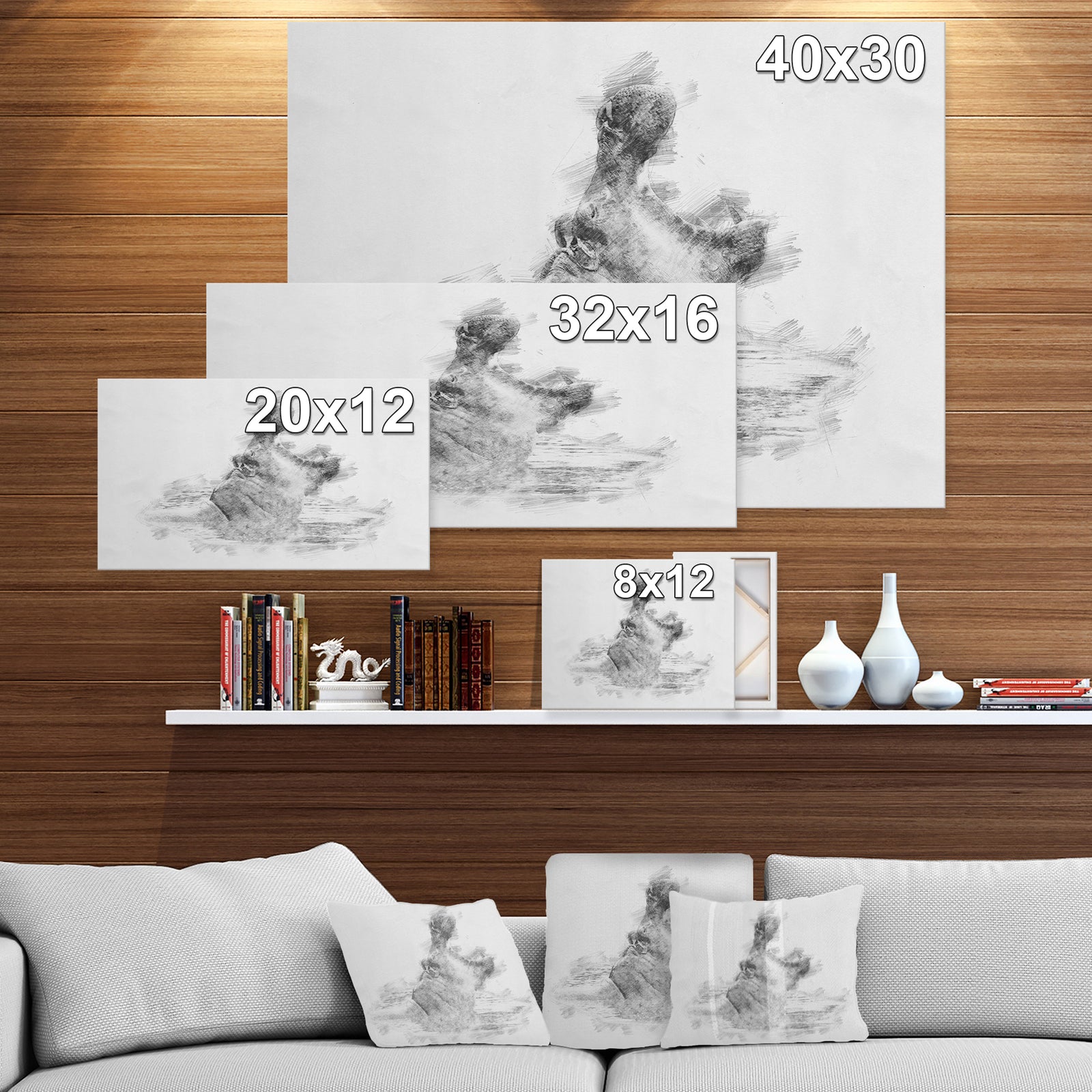 Black and White Hippo Sketch - Animals Painting Print on Wrapped Canvas