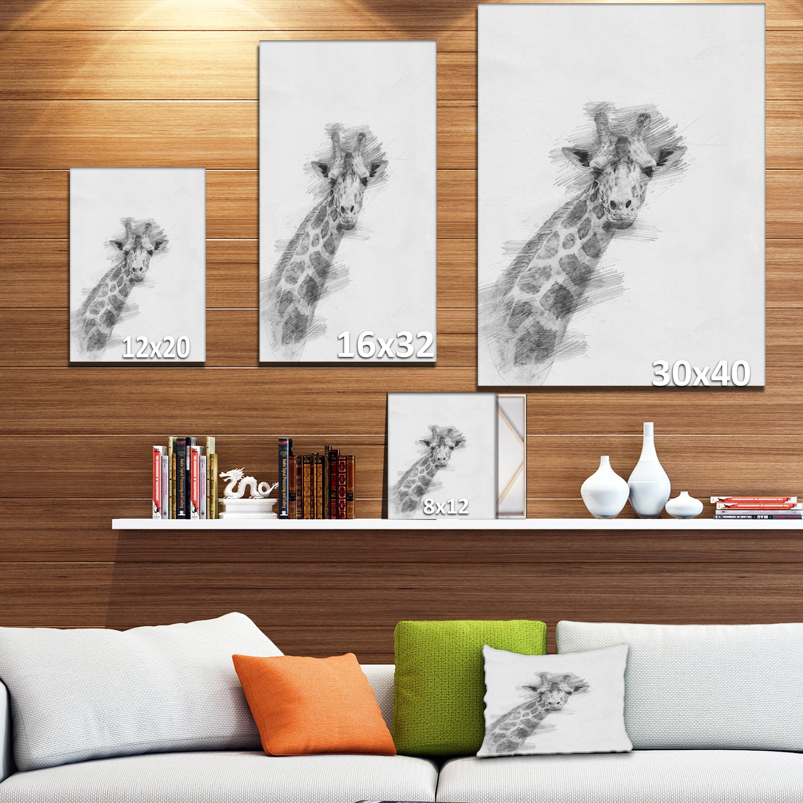 Black and White Giraffe Sketch - Animals Painting Print on Wrapped Canvas