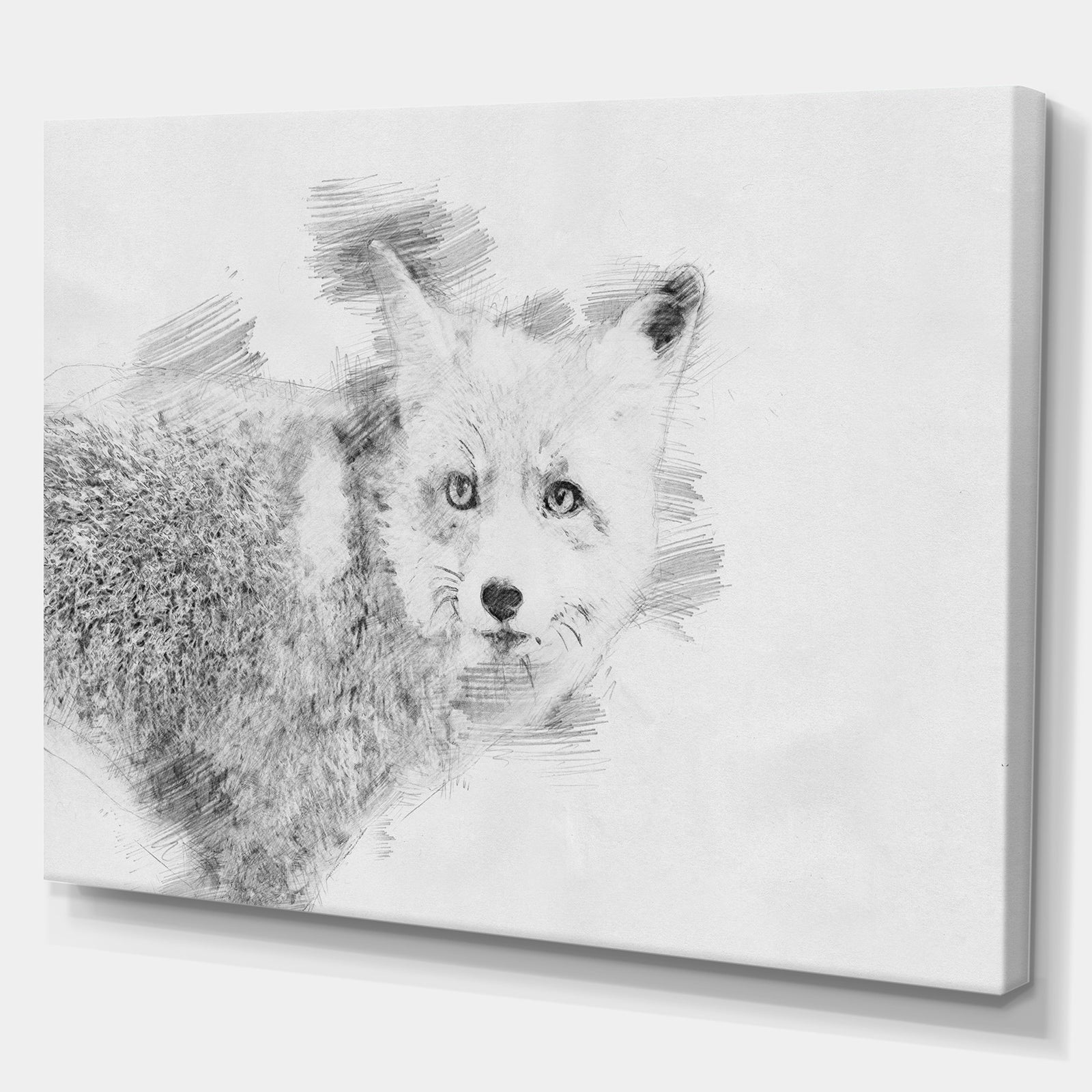 Black and White Fox Sketch - Animals Painting Print on Wrapped Canvas