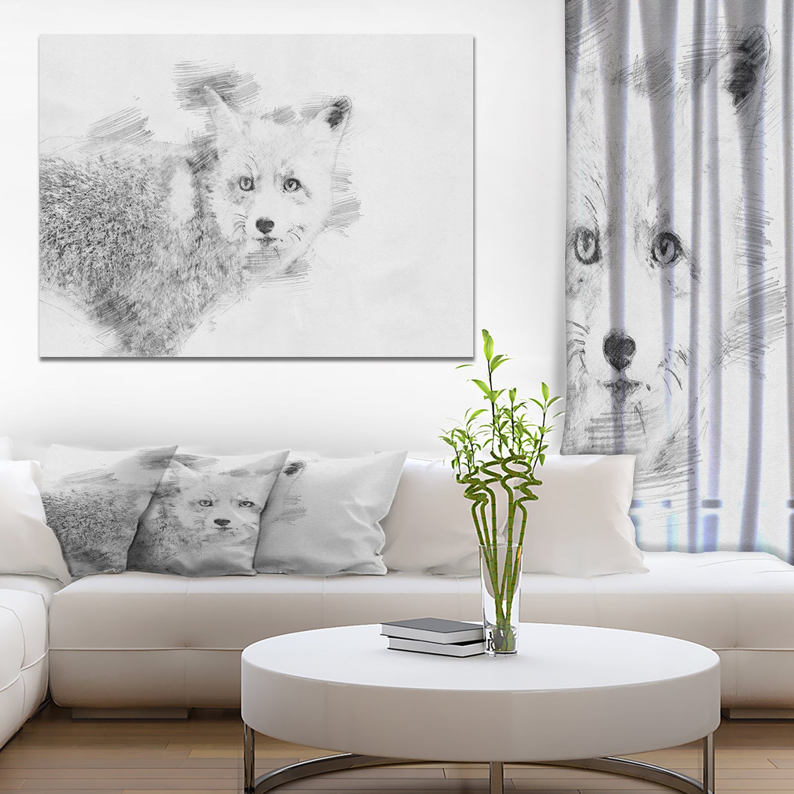 Black and White Fox Sketch - Animals Painting Print on Wrapped Canvas
