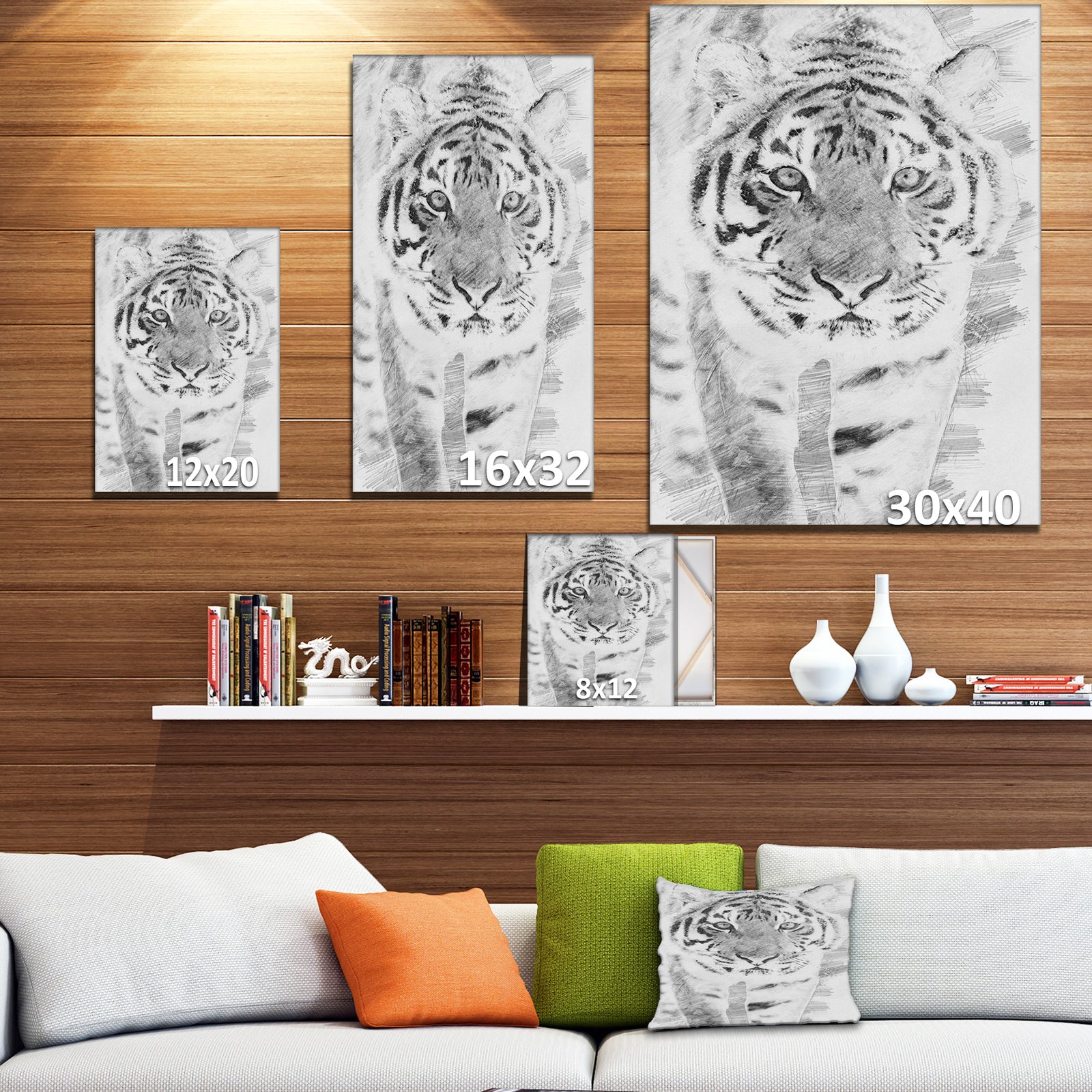 Black and White Tiger Sketch - Animals Painting Print on Wrapped Canvas