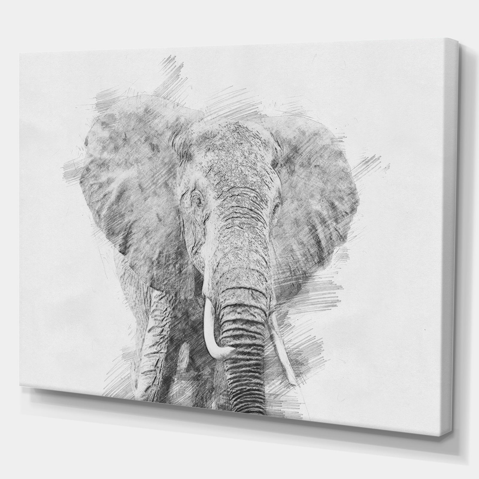 Black and White Elephant Sketch - Animals Painting Print on Wrapped Canvas