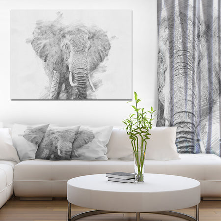 Black and White Elephant Sketch - Animals Painting Print on Wrapped Canvas