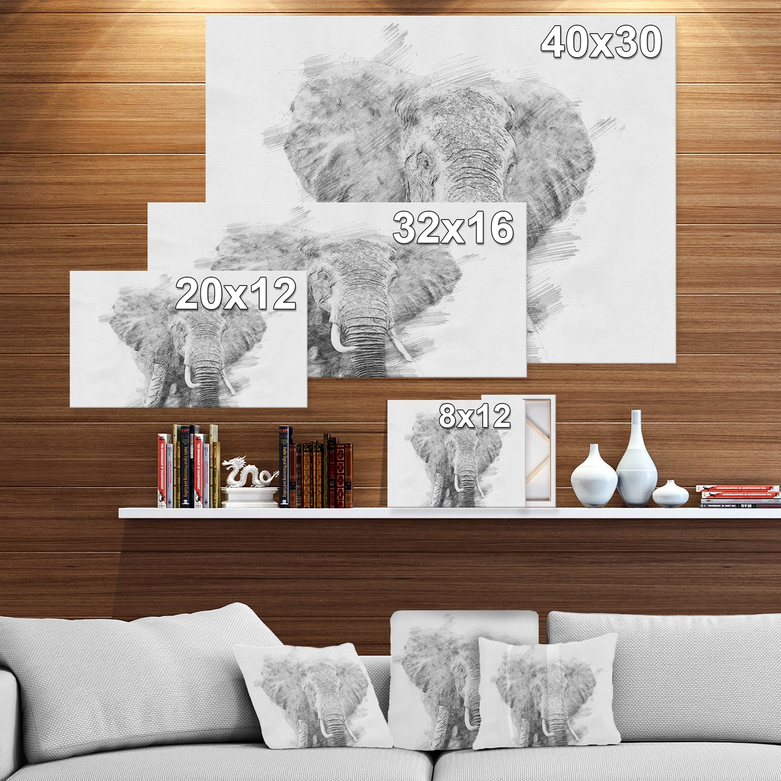Black and White Elephant Sketch - Animals Painting Print on Wrapped Canvas
