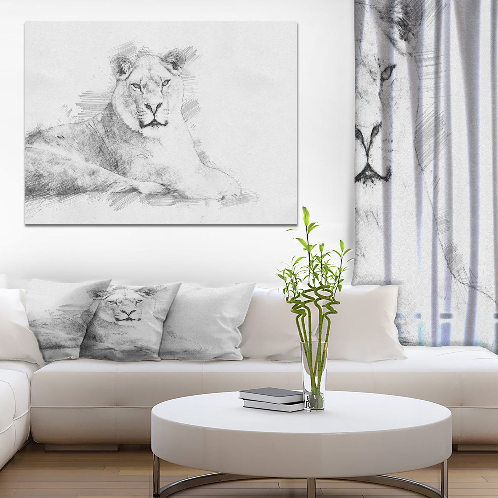 Black and White Lion Sketch - Animals Painting Print on Wrapped Canvas