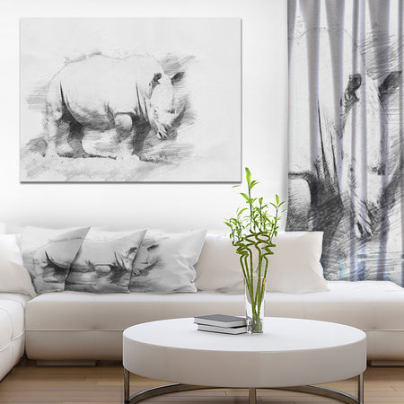 Black and White Rhino Sketch - Animals Painting Print on Wrapped Canvas