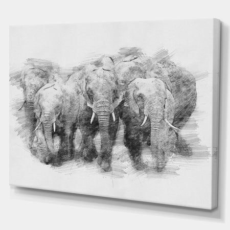 Black and White Elephant in Pencil Sketch - Animals Painting Print on Wrapped Canvas