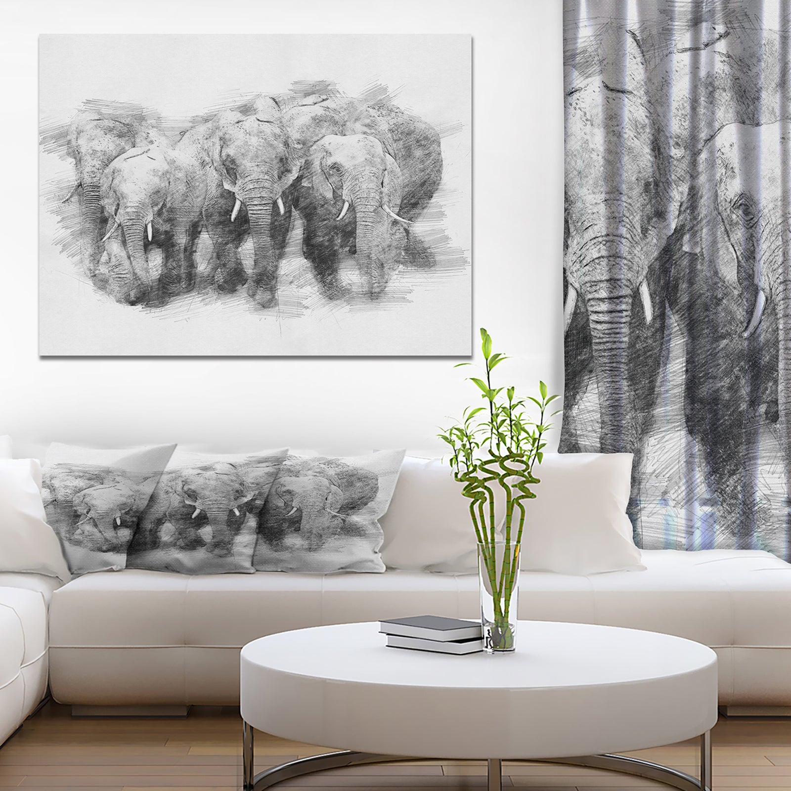 Black and White Elephant in Pencil Sketch - Animals Painting Print on Wrapped Canvas