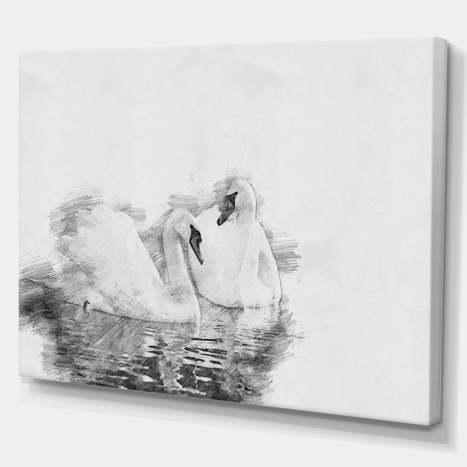Black and White Swan Pencil Sketch - Animals Painting Print on Wrapped Canvas