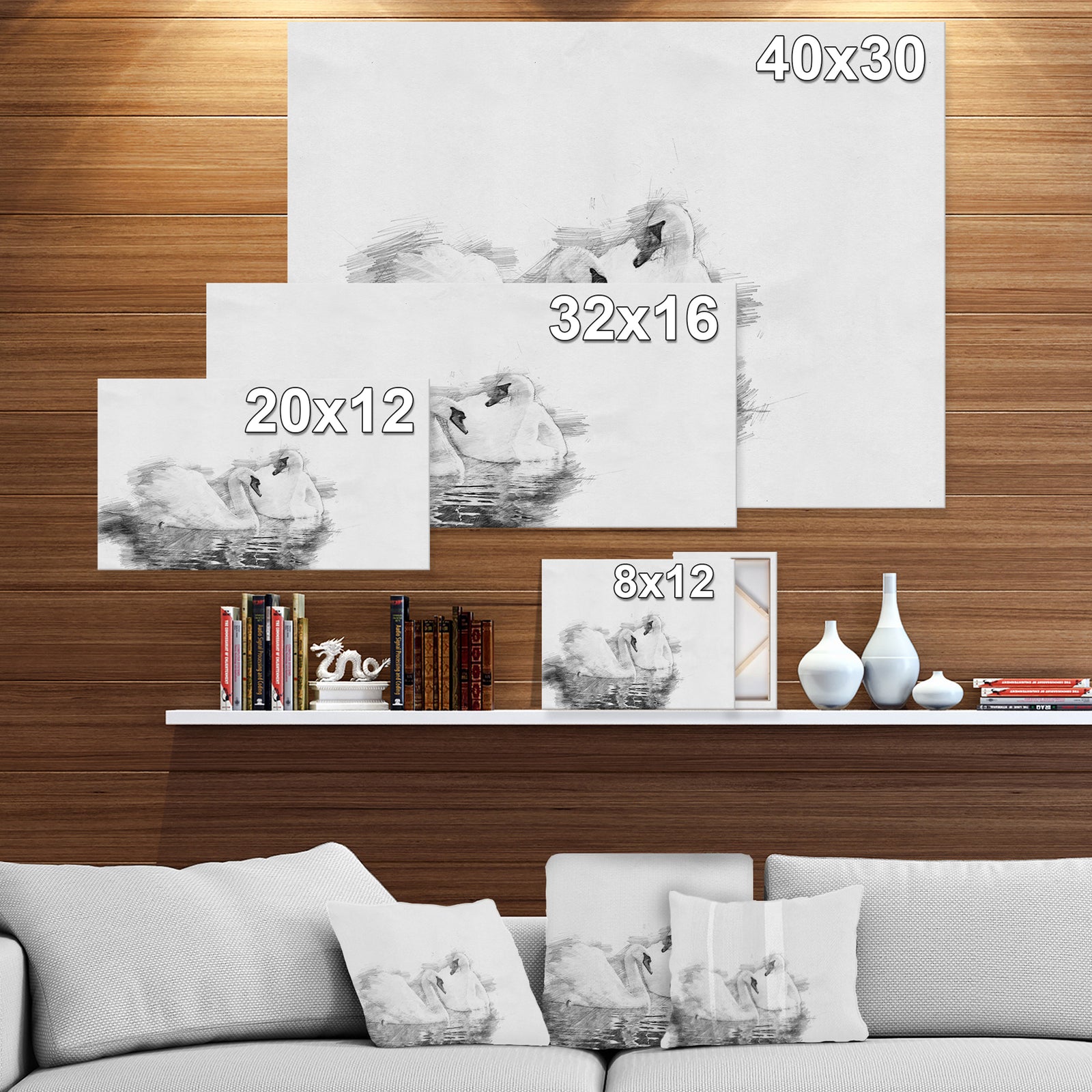 Black and White Swan Pencil Sketch - Animals Painting Print on Wrapped Canvas