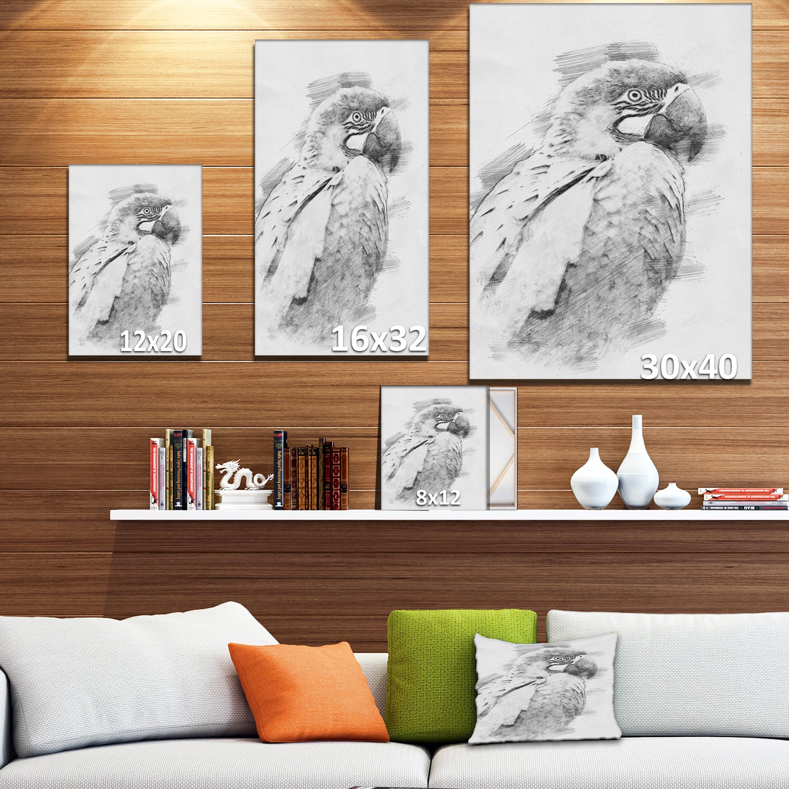Black and White Parrot Pencil Sketch - Animals Painting Print on Wrapped Canvas