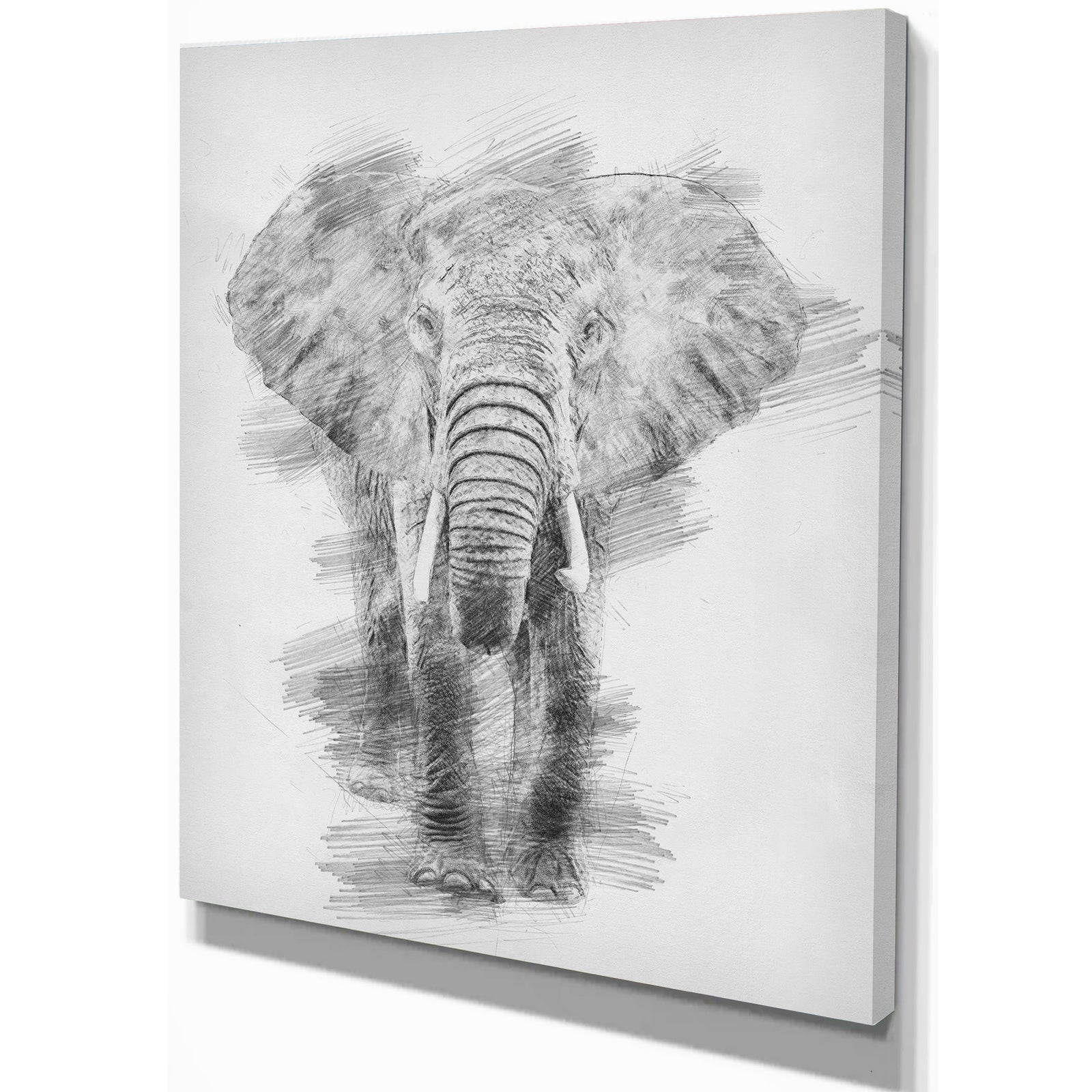 Black and White Elephant Pencil ketch - Animals Painting Print on Wrapped Canvas