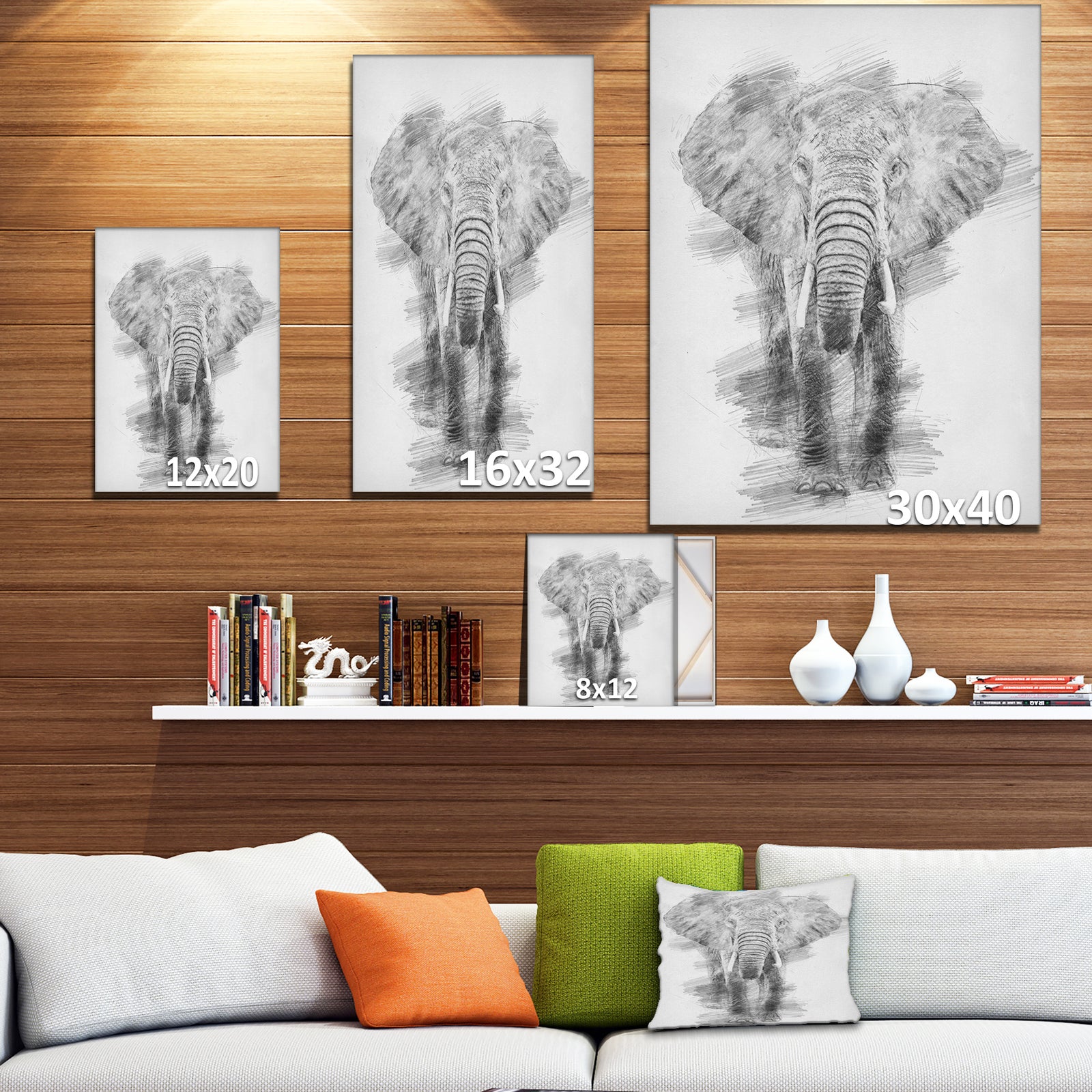Black and White Elephant Pencil ketch - Animals Painting Print on Wrapped Canvas