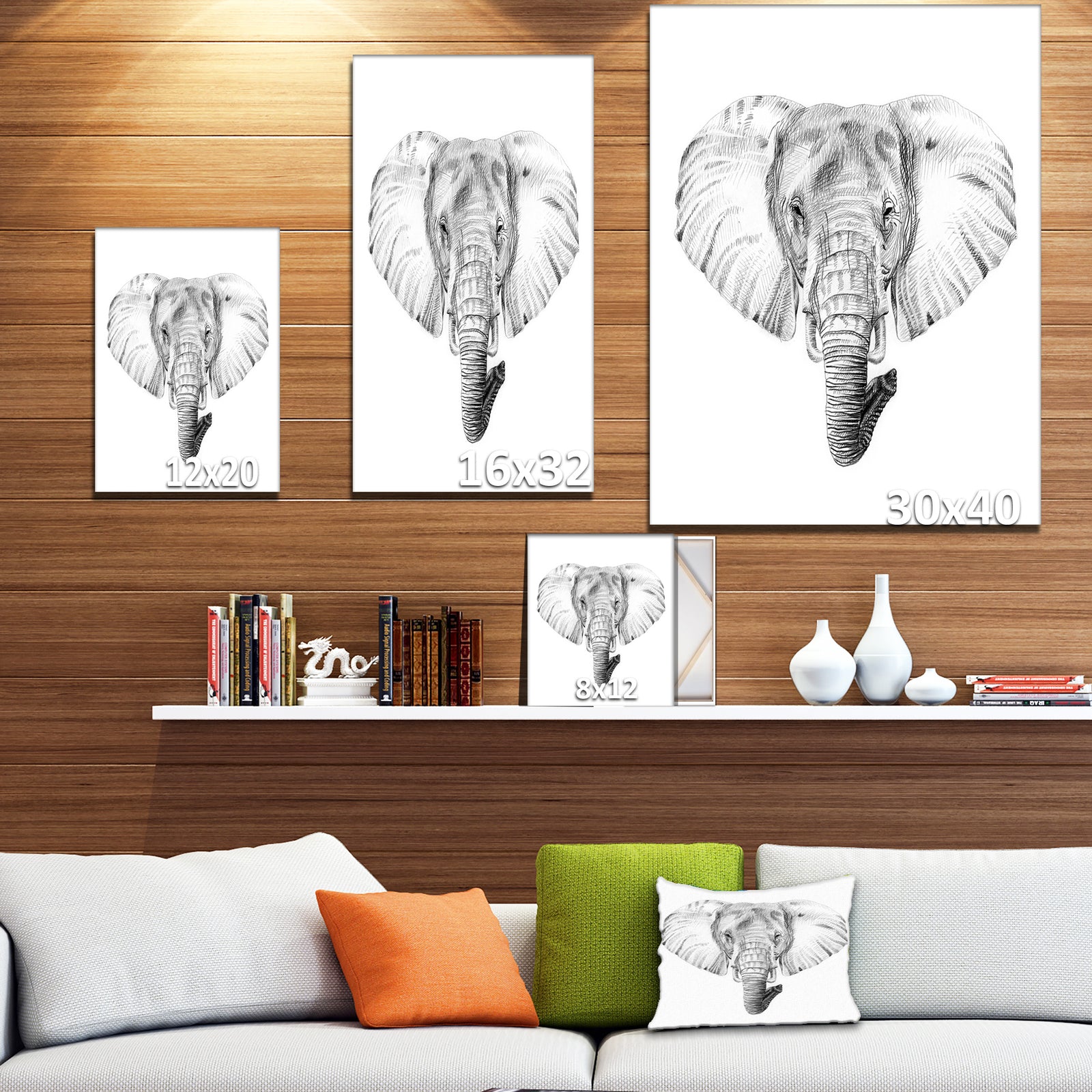 Pencil Elephant Sketch in Black and White - Animals Painting Print on Wrapped Canvas